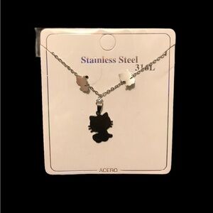 Silver Stainless Steel Cat Pendant Necklace & Earrings Set.